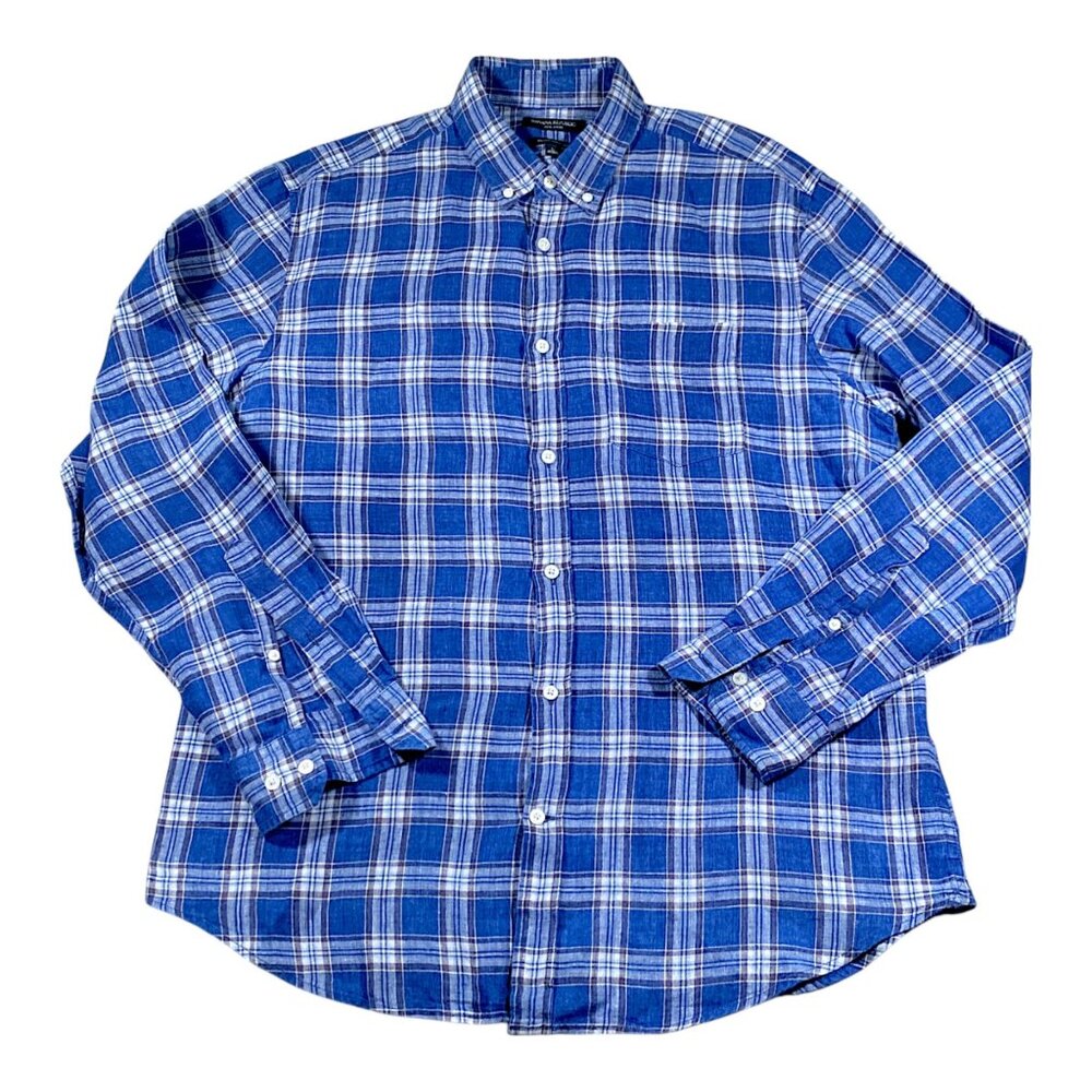 Banana Republic Shirt Mens L Linen Blue White Plaid Tartan Camden Standard Fit
